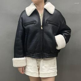 Manteau court en cuir et peau d'agneau véritable pour femme, veste chaude d'hiver Double Face, 2023, MH5898L