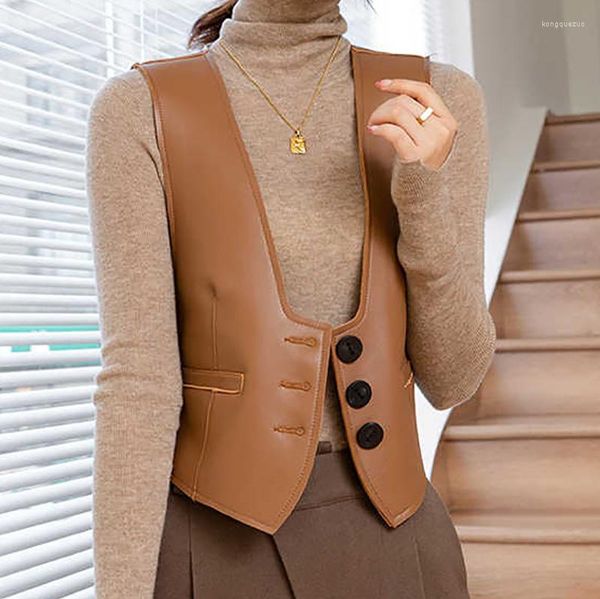 Gilet en cuir sans manches pour femmes, manteau court en peau de mouton, avec boutons, printemps et automne, 2023