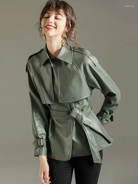 Chaqueta de piel sintética con solapa para mujer, abrigo verde de PU, chaquetas holgadas sencillas, prendas de vestir de oficina con cinturón, primavera y otoño 2023