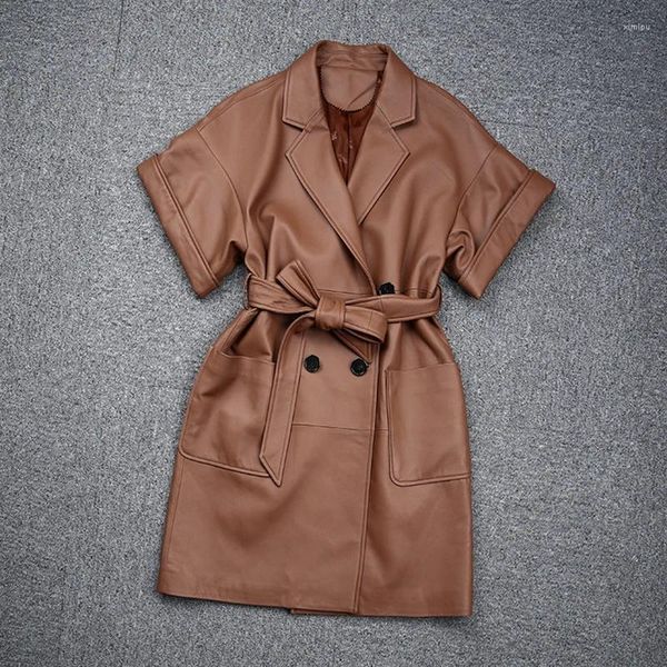 Femme's Cuir 2023 Printemps Manteau Femmes En Peau De Mouton Revers Manches Courtes Ceinture Coupe-Vent Occasionnel Mujer Montrer Mince Élégant Chic Marron Manteau