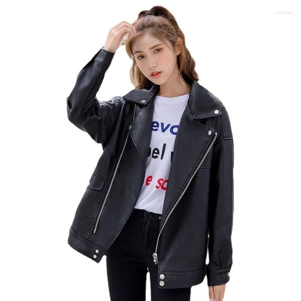 Abrigo de cuero para mujer, chaqueta corta holgada de moda coreana para estudiante, chaqueta de motocicleta Bf, Top negro, invierno y otoño 2023