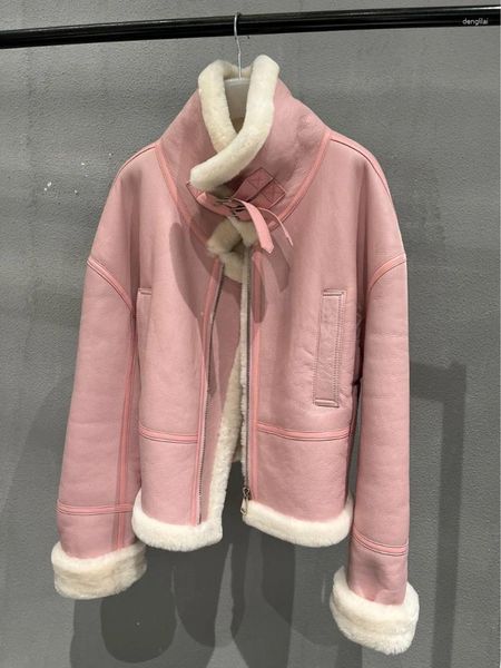 Cuir pour femme 2023 Mode d'hiver Tout assorti Manteau en laine rose ample Veste de moto véritable pour femme Vêtements en peau de mouton véritable