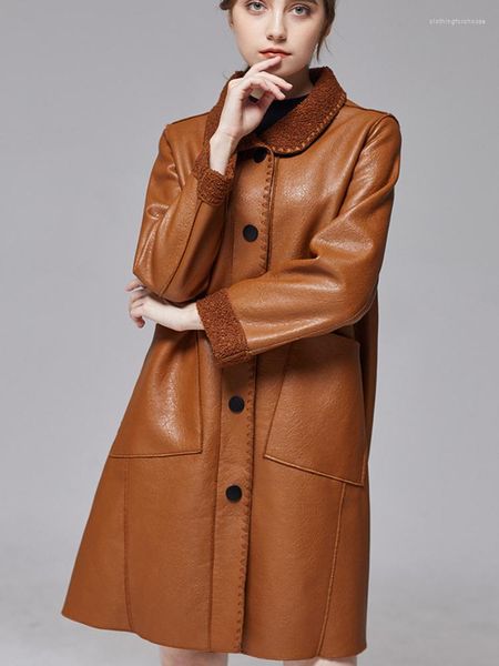 Chaqueta de invierno de cuero para mujer 2023, abrigo de piel sintética para mujer, abrigo largo cálido a la moda coreano ajustado de PU para viajes al trabajo