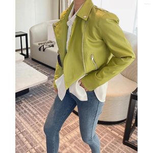 Cuero de las mujeres 2023 Mujer Verde Moto Biker Cremallera Faux Pu Chaquetas Blazers Gabardinas Ropa Impermeables Abrigo Primavera Elegante