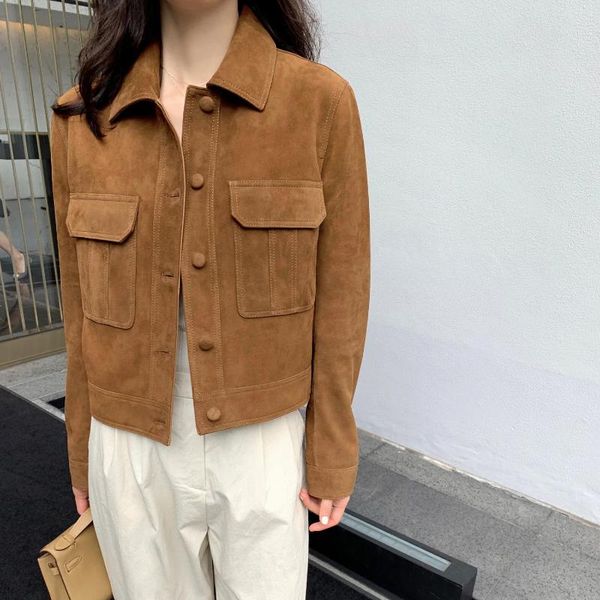 Manteau en cuir de mouton véritable pour femmes, 2023, polaire inversée, petit col rabattu, vêtements de travail, veste décontractée, E46