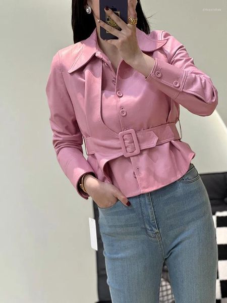 Cuir de femme 2023 Manteau en cuir Printemps Femmes Rose Peau de mouton Véritable Veste Bureau Dames Ceinture Slim Fit Court Moto Biker Autu