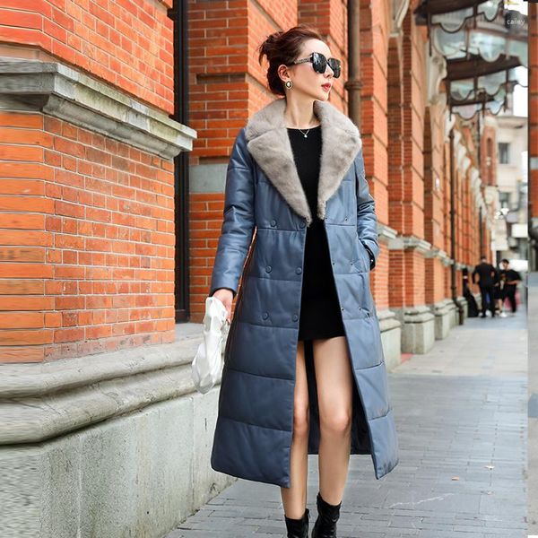 Veste en cuir 2023 pour femme, manteau d'hiver en peau de mouton véritable, Long manteau chaud à col, vestes réelles