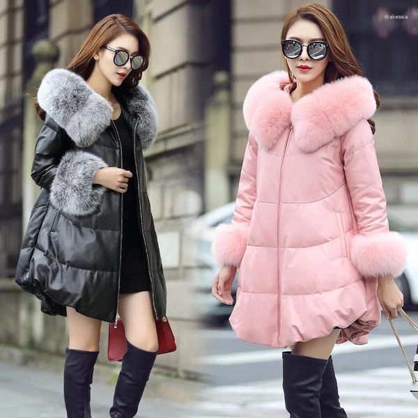 Manteau en cuir 2024 en peau de mouton véritable pour femme, veste d'hiver à capuche en fourrure de canard, vêtements coréens authentiques D