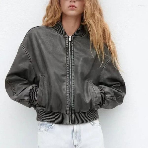 Veste en cuir pour femmes, polyvalent, mode rétro lavé, effet ancien, coupe cintrée, pilote de moto, manteau court, vêtements, printemps/automne 2024