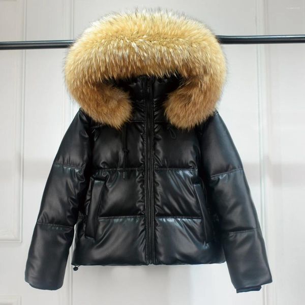 Veste d'hiver en cuir pour femme, grande fourrure de raton laveur véritable, fausse veste à capuche, épaisse, chaude, imperméable, rembourrée, Parka en coton brillant, 2024