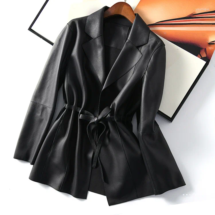 Women's Leather 2024 Women Autumn And Winter Genuine Sheepskin Jacket Simple Slim Fit Belt Suit E97