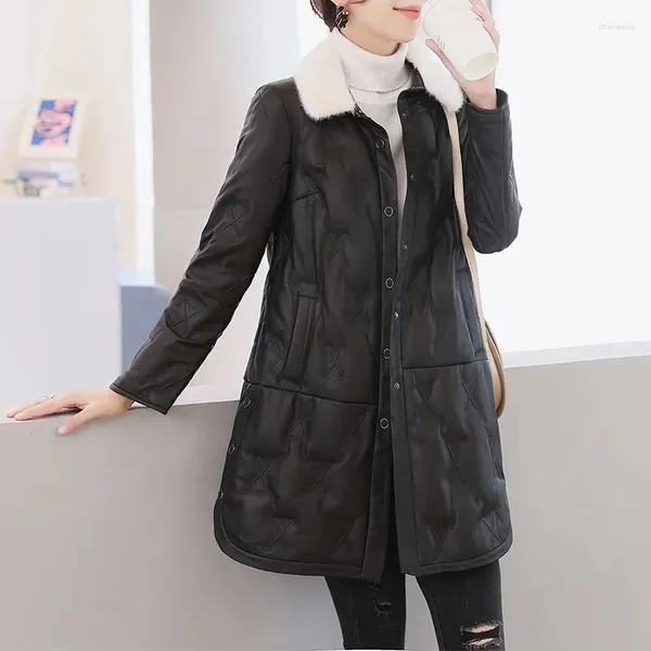 Manteau en cuir véritable pour femme, veste d'hiver mi-longue avec col en vison, manteaux en peau de mouton, vêtements d'extérieur Slim à la mode, 23