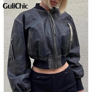 Cuir femme 9.18 GuliChic femmes rue Vintage en détresse lavé épissé côtelé fermeture éclair vache veste courte