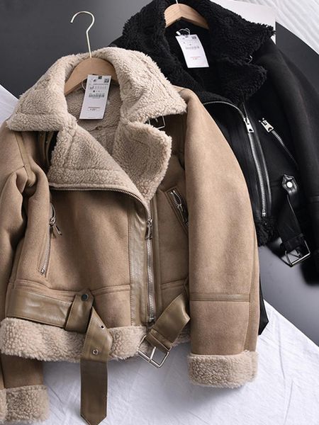 Cuir Femme Ailegogo Hiver Femmes Épais Chaud Daim Agneau Veste Courte Moto Marron Manteaux Faux Shearling Peau De Mouton Vestes Outwear