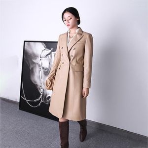 Veste Trench-Coat en cuir de mouton pour femme, mi-longue, à revers, mi-longue, Double boutonnage, slim, décontractée, automne et hiver 2023