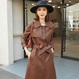 Manteau en cuir pour femme, coupe-vent, mi-long, Slim, classique, ceinture simple boutonnage, automne et hiver