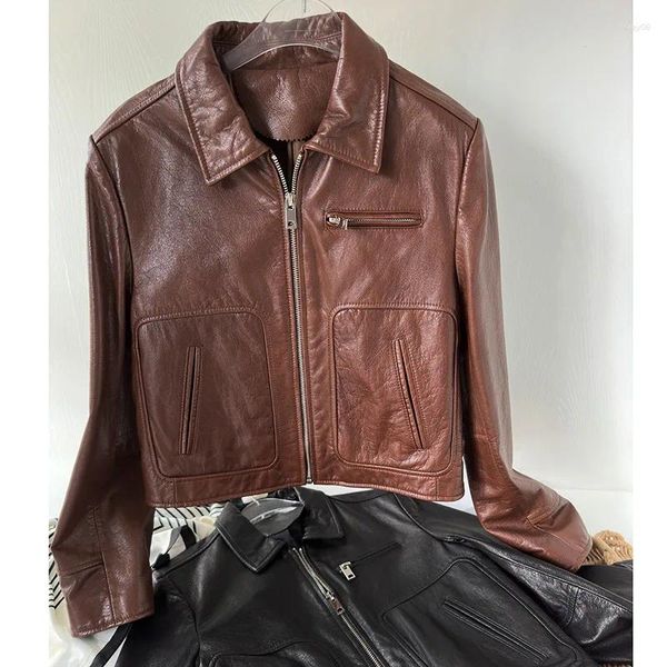 Veste d'automne et d'hiver en cuir de vache véritable pour femme, tempérament de moto, Style court, ancien