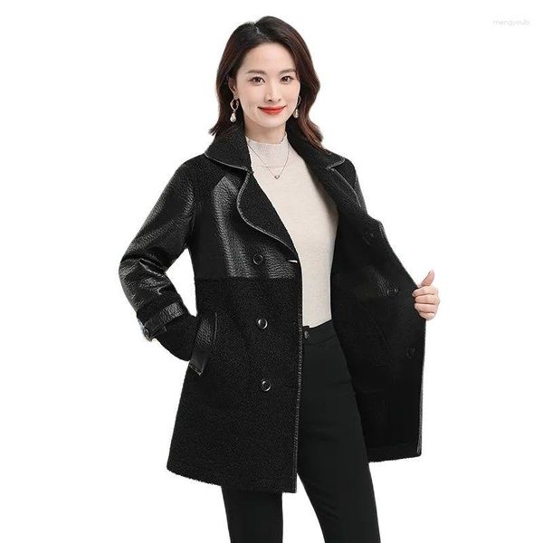 Manteau en cuir et velours pour femme, coupe-vent en laine épissé, mi-long, ample, Slim, grande taille, automne et hiver