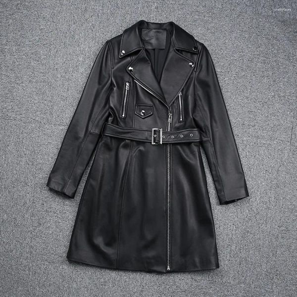 Manteau de motard en cuir pour femmes, Trench-Coat de styliste d'automne avec ceinture en peau de mouton de haute qualité, C769