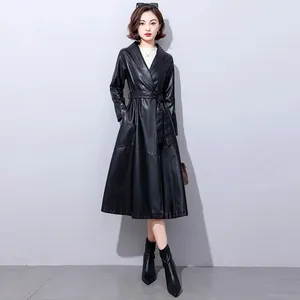 Femmes en cuir automne longue veste femmes vêtements noir col en v sur le genou mode coréenne Pu Trench manteaux décontracté Jaqueta M-5XL