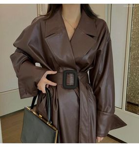 Trench-Coat en Faux cuir pour femme, Long, surdimensionné, marron, avec ceinture, élégant, ample, Style européen, à la mode, automne