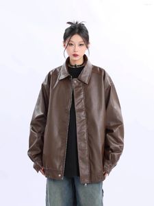 Manteau en cuir pour femmes, automne Traf américain, veste rétro marron, vestes Trf, vêtements d'hiver, 2024