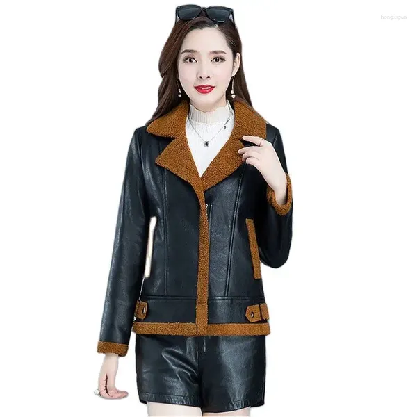 Chaqueta de cuero de otoño e invierno para mujer, chaqueta de terciopelo para mujer, versión coreana, pelo de recubrimiento de PU, abrigo corto de lana de cordero de imitación de un cuerpo para mujer