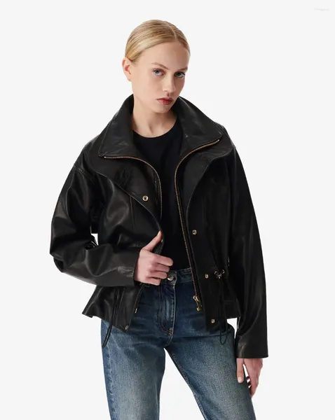 Veste en cuir femme automne/hiver noir Style moto Vintage fermeture éclair col montant