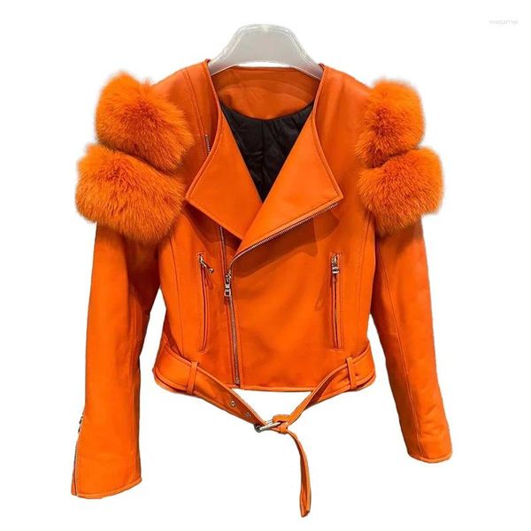 Femmes en cuir automne hiver luxe femmes réel veste de mouton avec fourrure agneau manteaux dame véritable vestes vêtements d'extérieur pour femmes GT5081