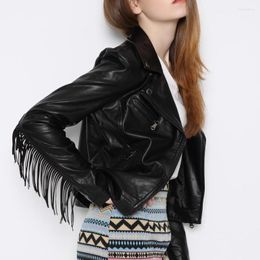 Femmes en cuir automne hiver belle mode femmes conception courte marque moto manteau mince gland veste noir manteaux