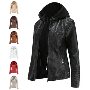 Veste en cuir PU pour femme, automne-hiver, fausse veste à capuche détachable, manteaux de moto noire
