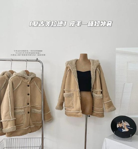 Parka de piel de oveja para mujer, abrigo de lana de cordero con capucha gruesa, cárdigan, chaqueta de motocicleta, otoño e invierno