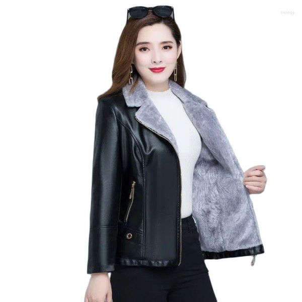 Femmes en cuir automne hiver chaud fausse fourrure manteau femmes veste dames mince Moto motard basique vestes en peluche décontracté court survêtement XL-6XL