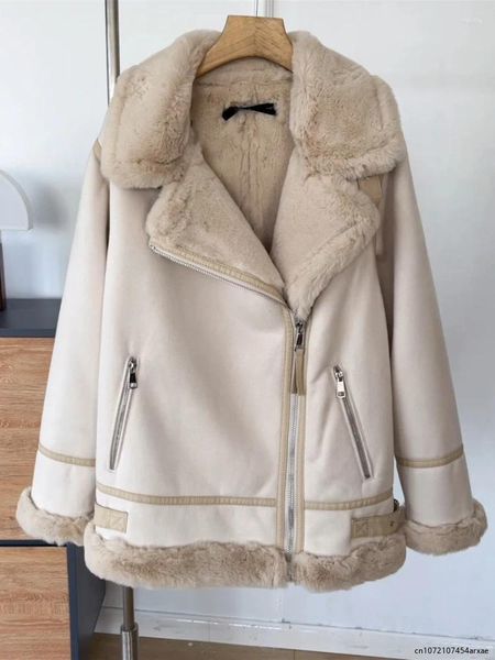 Couro feminino outono inverno moda feminina camurça do falso casaco de pele streetwear solto grosso quente casaco de neve moto motociclista outwear