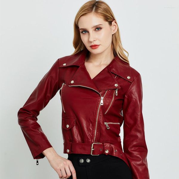 Mujer Cuero Otoño Chaqueta de imitación para mujer Biker Abrigo negro rojo Cuello vuelto Chaquetas de motocicleta de PU Ropa informal ajustada Prendas de abrigo con cinturón