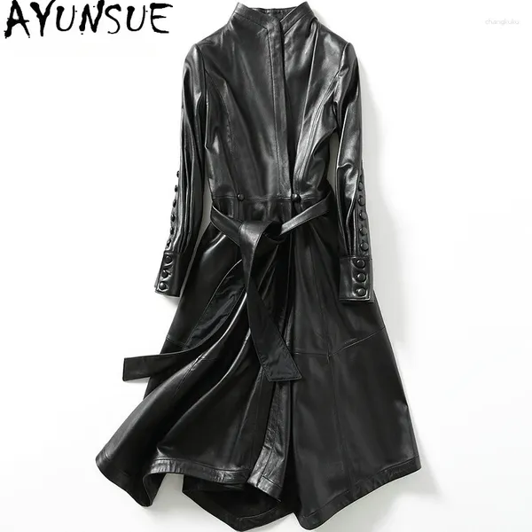 AYUNSUE – veste longue en cuir véritable pour femme, Trench-Coat avec ceinture, coupe-vent, vêtement d'extérieur en peau de mouton véritable, Trench-Coat noir pour femme