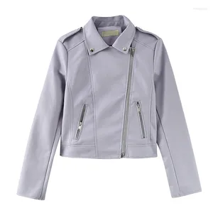 Chaqueta de imitación de cuero para mujer, color negro, Beige, rosa y morado, estilo coreano corto con solapa, charretera de manga larga, ropa de calle informal ajustada para motorista, otoño