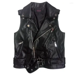 Chaquetas de cuero negro sin mangas de PU para mujer, Tops de invierno, chaleco con cinturón, prendas de vestir exteriores para motocicleta, chaleco con remaches