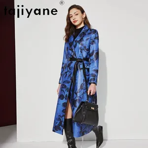 Leermerk voor dames Tajiyane toplaag schapenvacht trench jas voor vrouwen mode bedrukt lang echte jas elegante riem bovenkleding