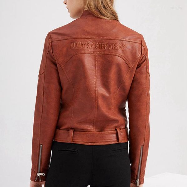 Veste en cuir d'agneau marron pour femmes col Mandarin femmes PU Moto Biker manteaux avec ceintures automne 2022 mode Blak rose Streetwear
