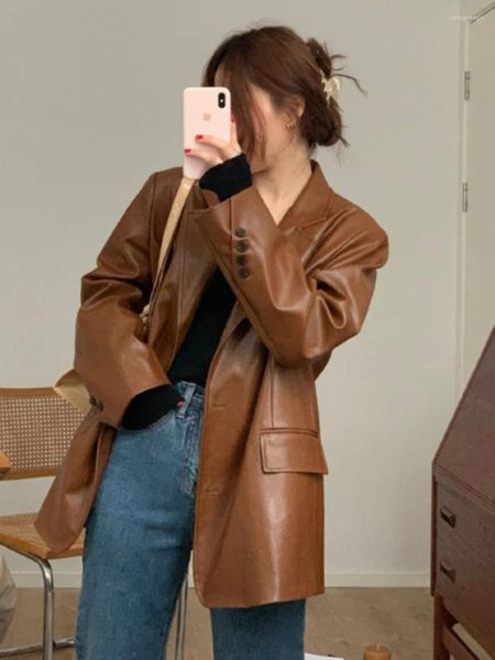 Veste de costume en cuir marron pour femmes, manteau ample et amincissant de Style port rétro coréen, blazer noir, printemps-automne 2023