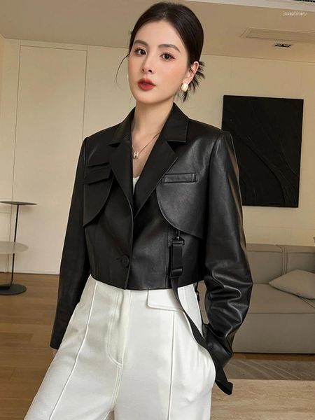 Veste en cuir véritable noire pour femmes, décontractée, Simple, bouton unique, Slim, taille haute, manteau court en peau de mouton, automne 2023