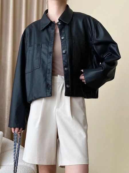 Veste courte décontractée en cuir pour femmes, tendance printemps-automne 2023, Simple, classique, Design à revers, manteau en PU souple
