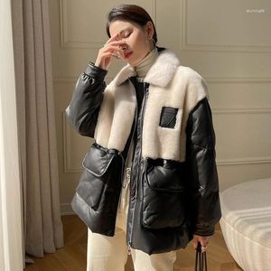 Manteau en cuir de mouton blanc pour Femme, veste décontractée en duvet de canard blanc, col véritable, vêtements féminins, hiver 2023