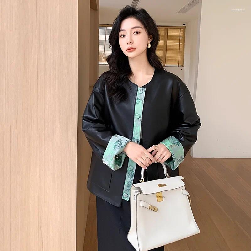 Женский кожаный китайский стиль двойной ношение подлинное пальто для средней длины элегантная элегантная овчина с O-образной грудью