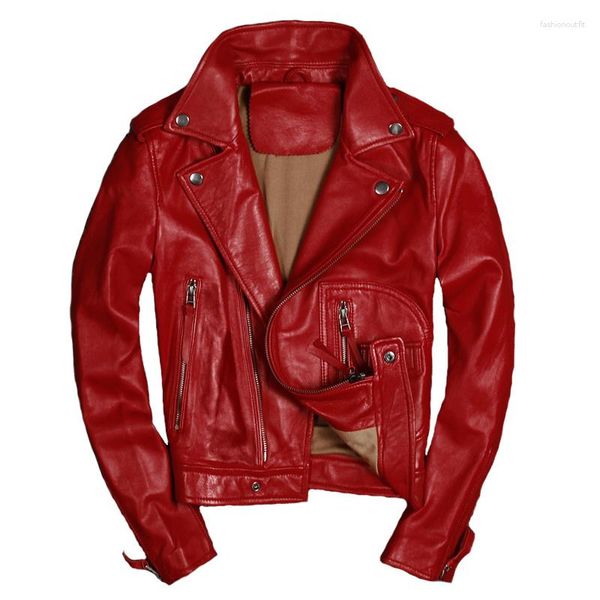 Veste en cuir véritable pour femmes, manteau en peau de mouton, motard, coupe cintrée, vêtements d'extérieur pour dames, noir, rouge