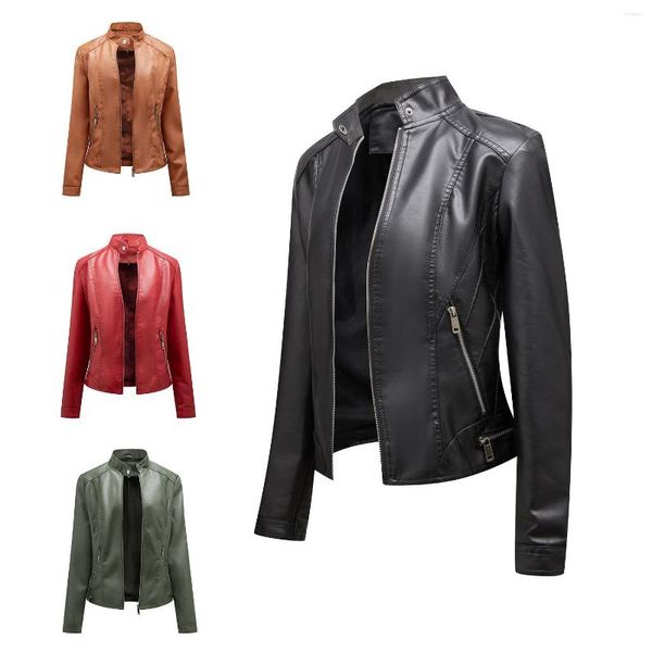 Chaqueta de cuero para mujer, chaqueta de moto para mujer, con cuello levantado, abrigos de PU ajustados para mujer, chaquetas para