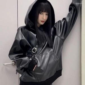 Dames leren Deeptown Vintage hoodie dames oversize gothic streetwear zwart race sweatshirts Koreaanse mode met lange mouwen esthetisch