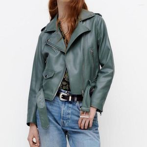 Vrouwen Leer Europese En Amerikaanse Herfst Winter Vrouwen Faux Motorjas Vrouwelijke Kleine Revers Groene Dames Trenchcoat Streetwear