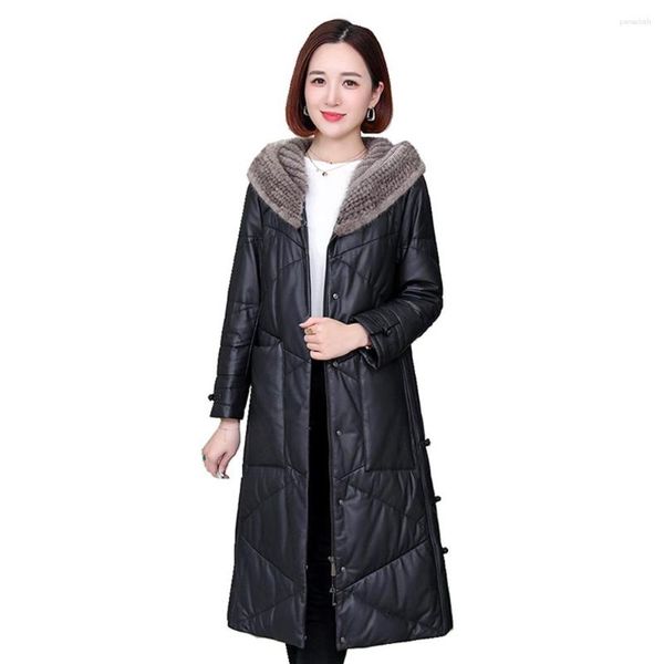 Manteau en cuir véritable pour femme, vêtement d'extérieur en daim et peau de mouton véritable, à capuche, x-long, LF2315BM